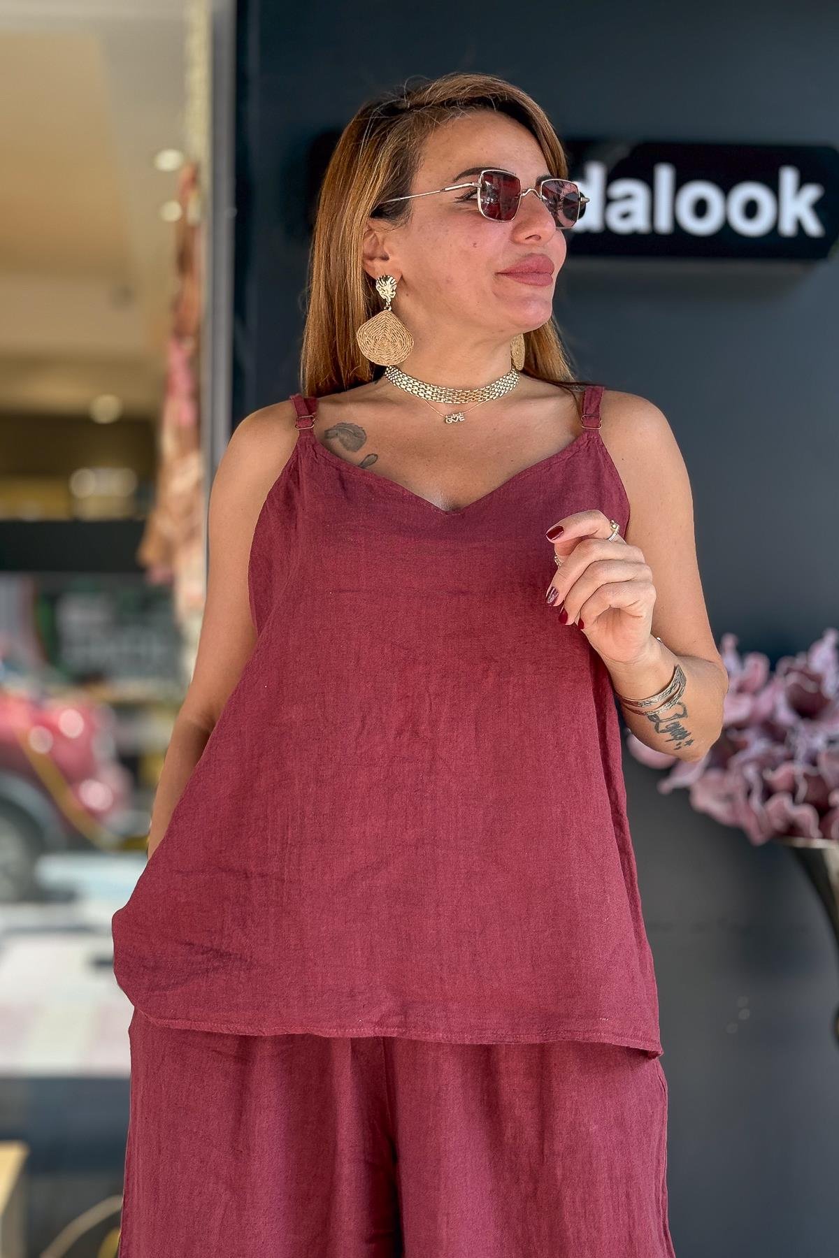 İnce Askılı Keten Bluz Bordo RenkBLUZ