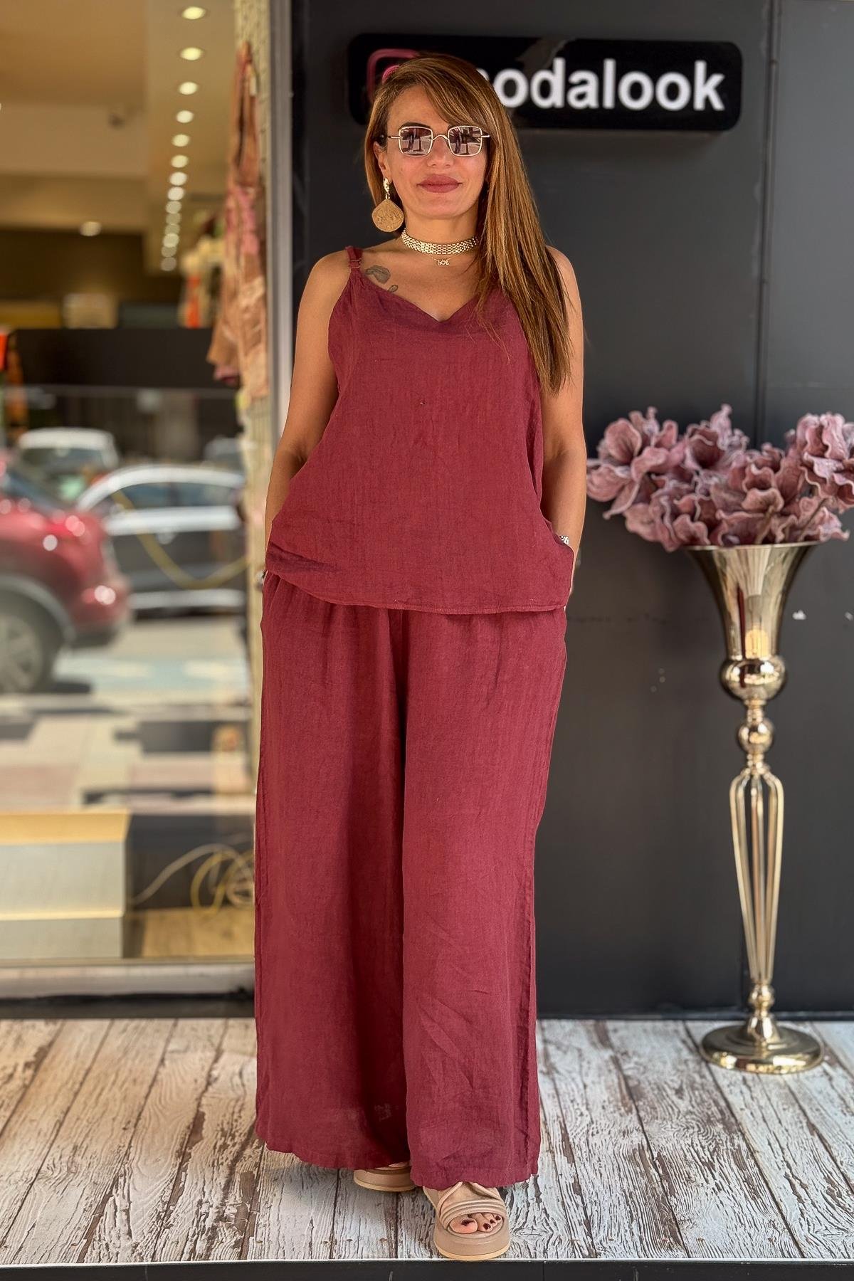 İnce Askılı Keten Bluz Bordo RenkBLUZ