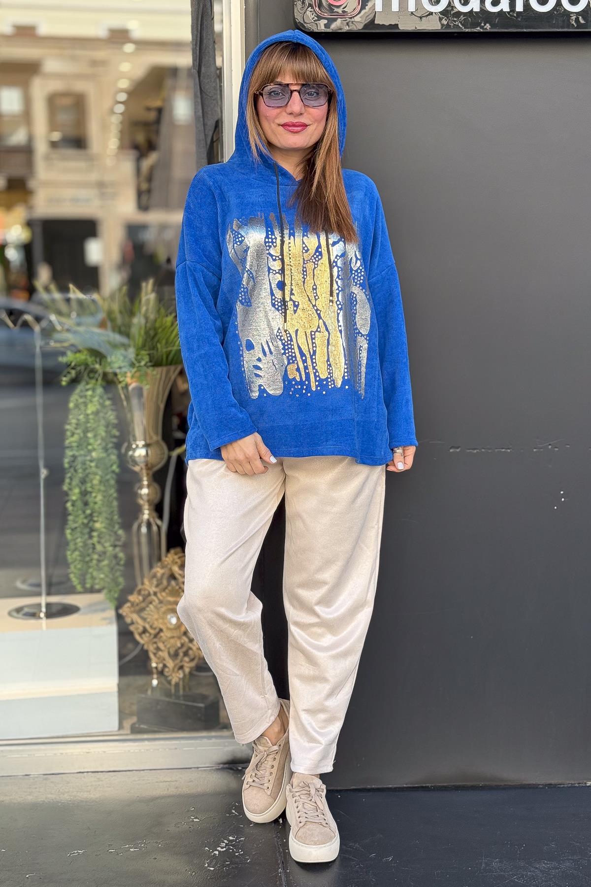Lak Baskılı Kapüşonlu Kadife Sweat Saks RenkBLUZ