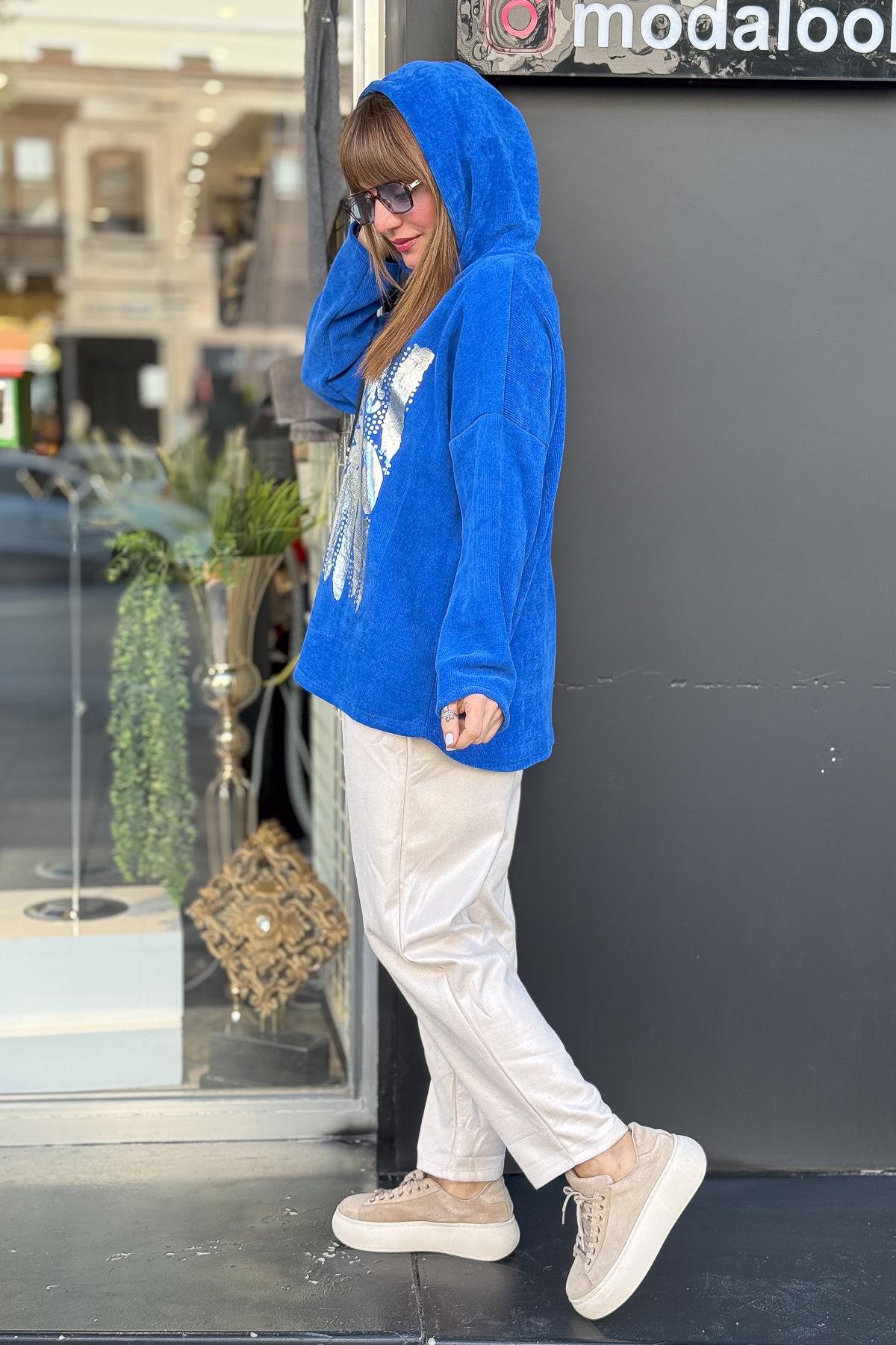 Lak Baskılı Kapüşonlu Kadife Sweat Saks RenkBLUZ