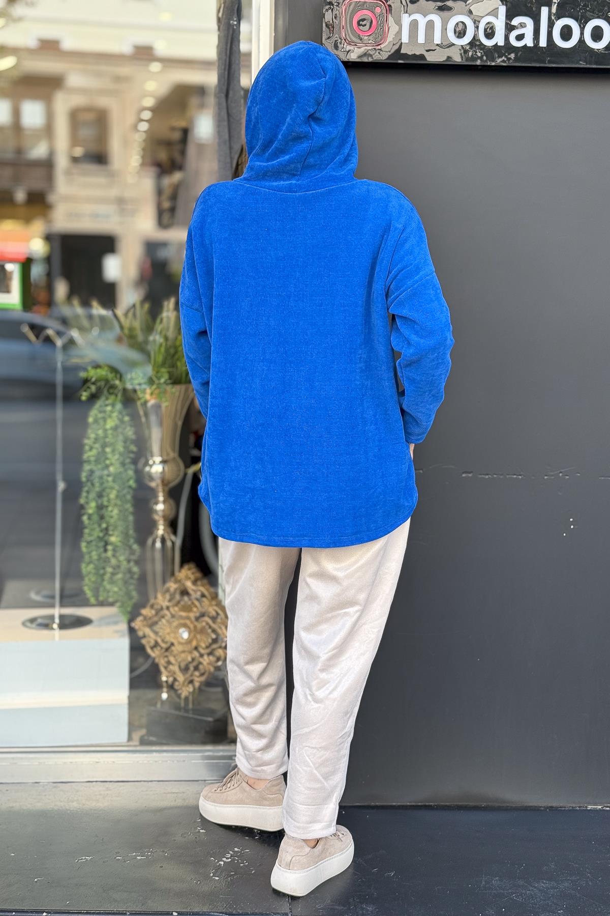 Lak Baskılı Kapüşonlu Kadife Sweat Saks RenkBLUZ