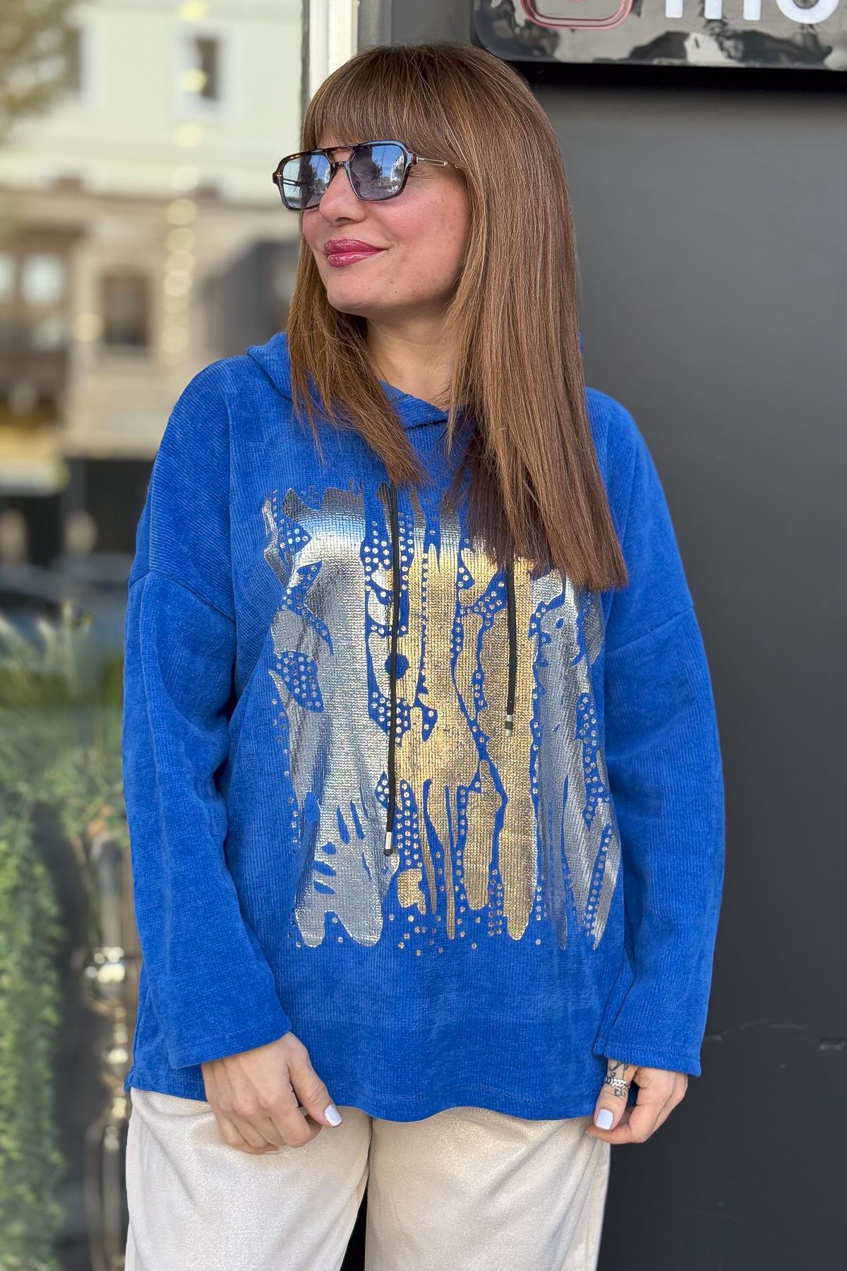 Lak Baskılı Kapüşonlu Kadife Sweat Saks RenkBLUZ