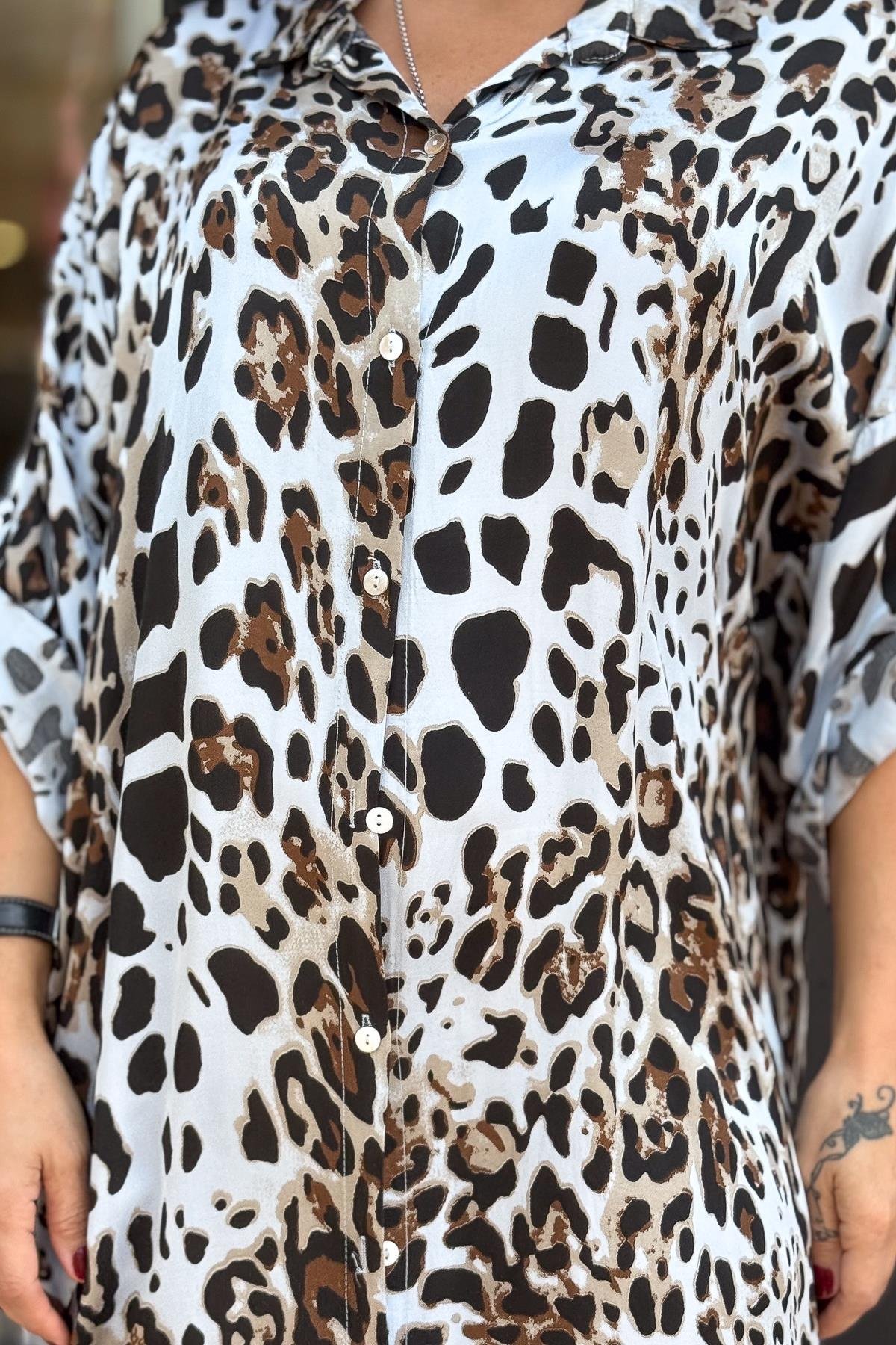 Leopar Desenli Saten Gömlek Elbise Bebe Mavi RenkELBİSE