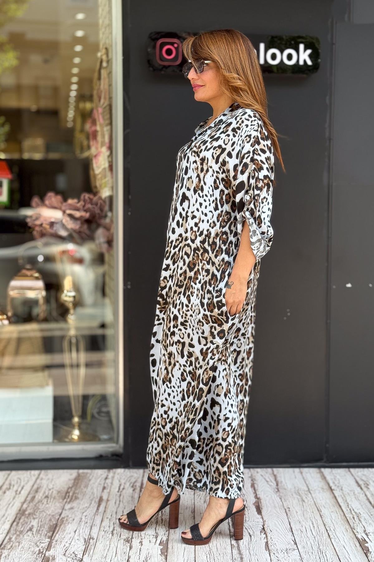 Leopar Desenli Saten Gömlek Elbise Bebe Mavi RenkELBİSE