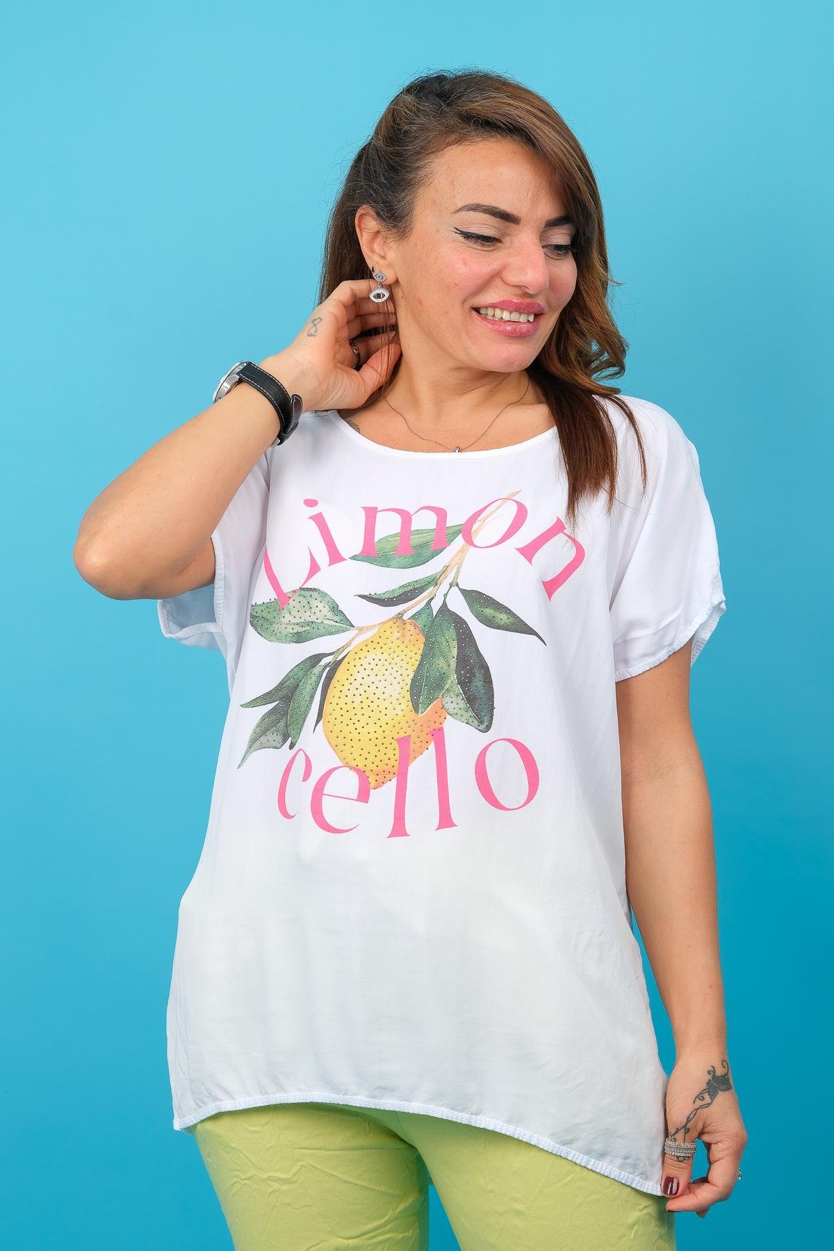 Limoncello Desenli Tshirt Beyaz RenkBLUZ
