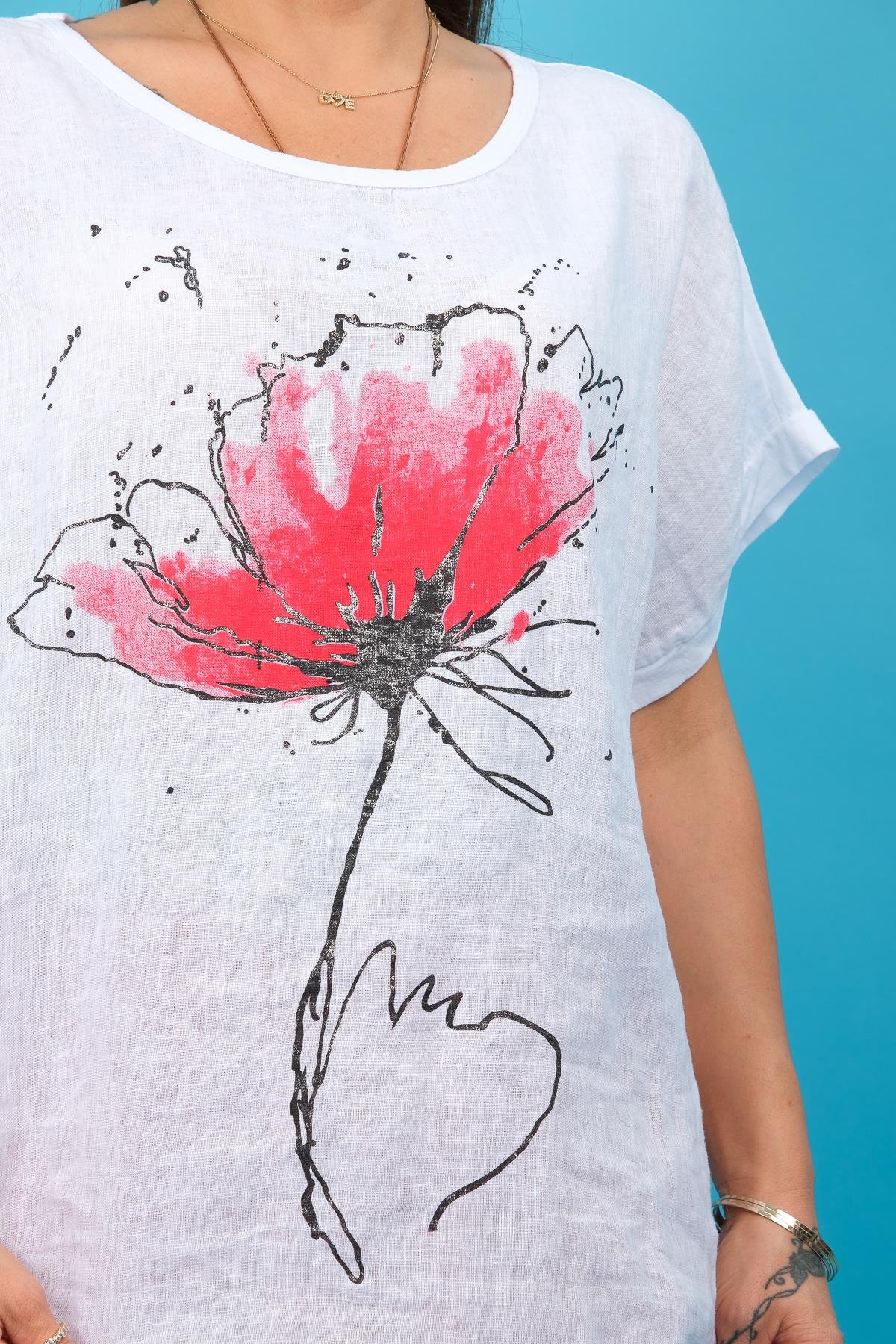 Lotus Desenli Önü Keten Arkası Penye Bluz Beyaz RenkBLUZ