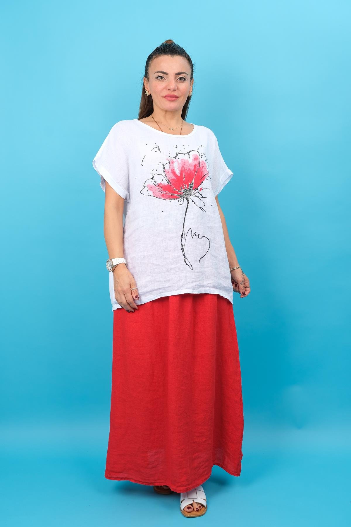 Lotus Desenli Önü Keten Arkası Penye Bluz Beyaz RenkBLUZ