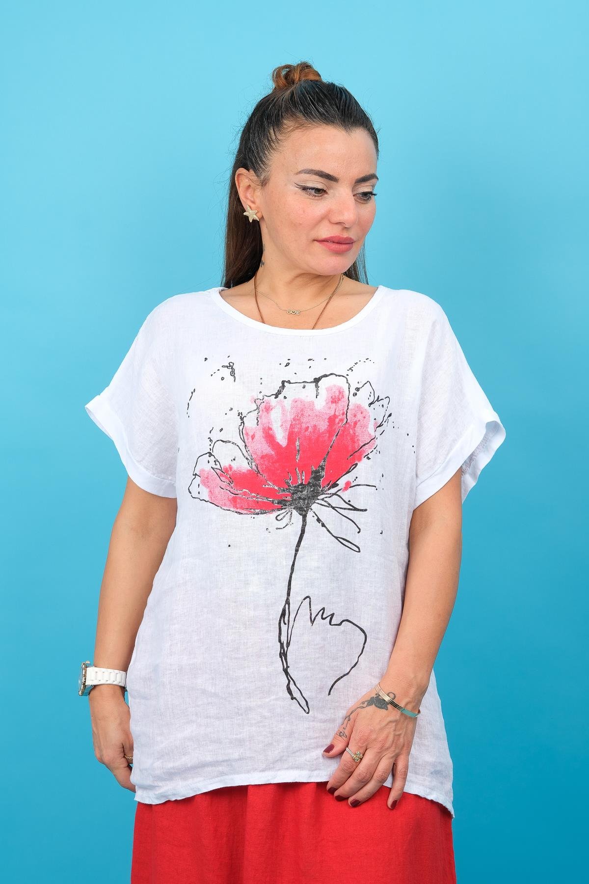 Lotus Desenli Önü Keten Arkası Penye Bluz Beyaz RenkBLUZ