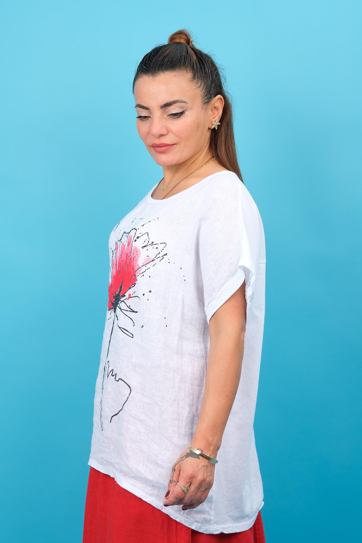 Lotus Desenli Önü Keten Arkası Penye Bluz Beyaz RenkBLUZ