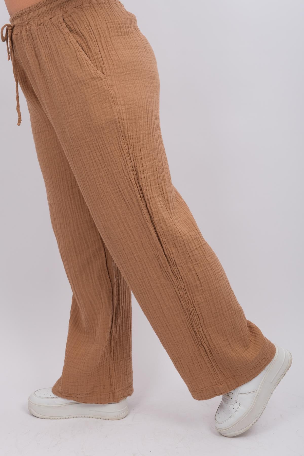 Müslin Kumaş Bol Paça Pantolon Camel RenkPANTOLON