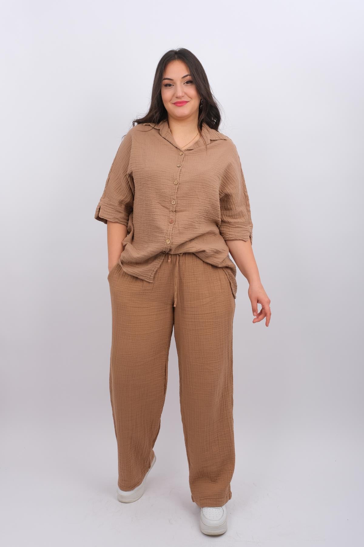 Müslin Kumaş Bol Paça Pantolon Camel RenkPANTOLON