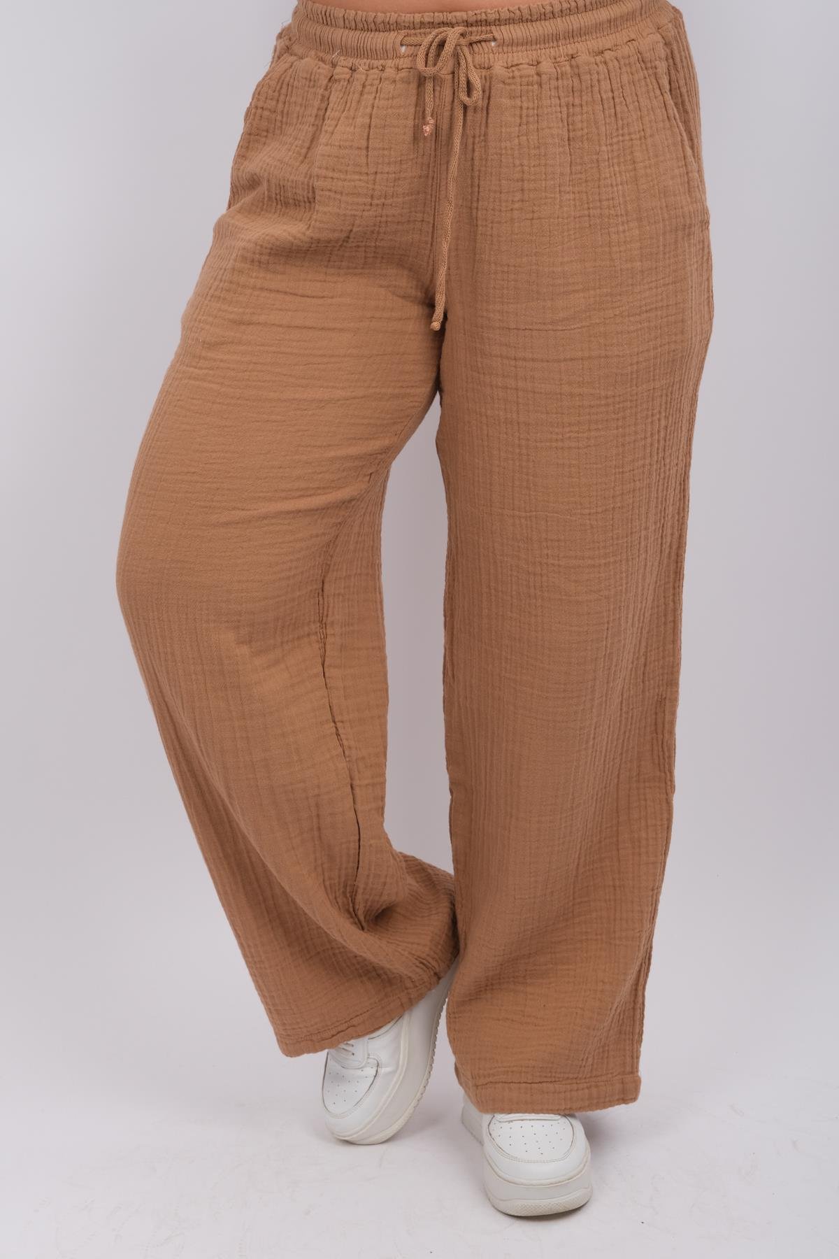 Müslin Kumaş Bol Paça Pantolon Camel RenkPANTOLON