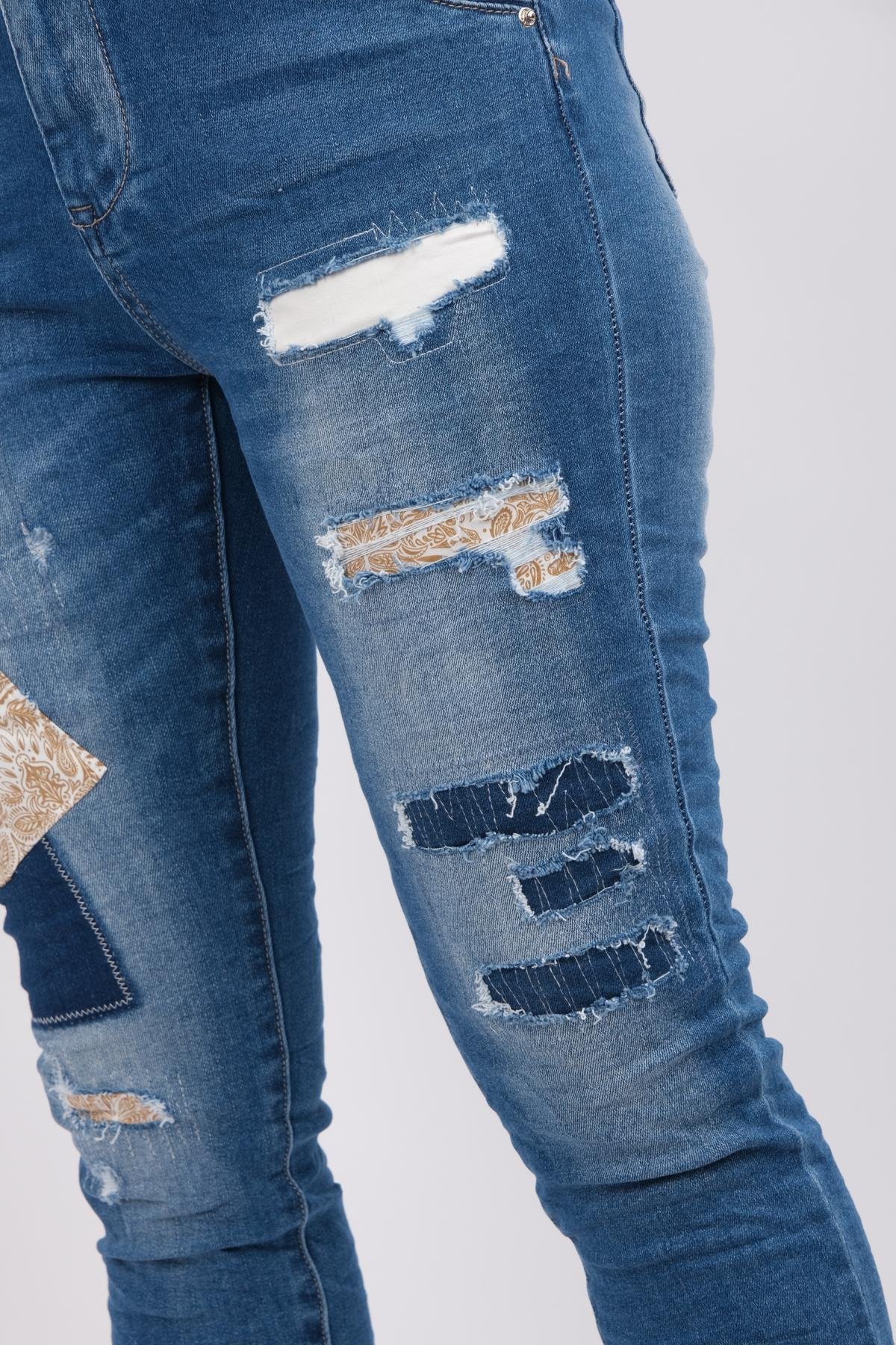 Patchwork Yamalı Kot Pantolon Mavi RenkPANTOLON
