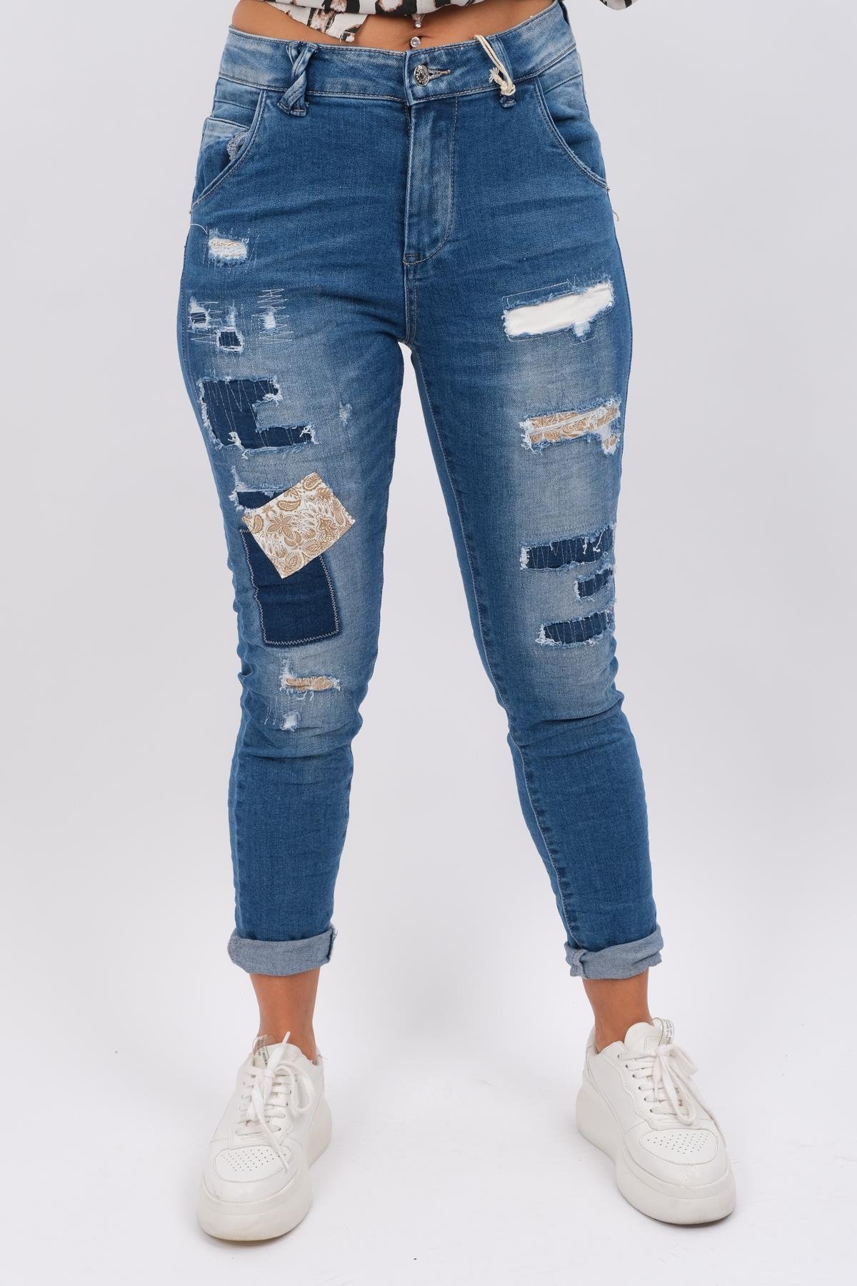 Patchwork Yamalı Kot Pantolon Mavi RenkPANTOLON