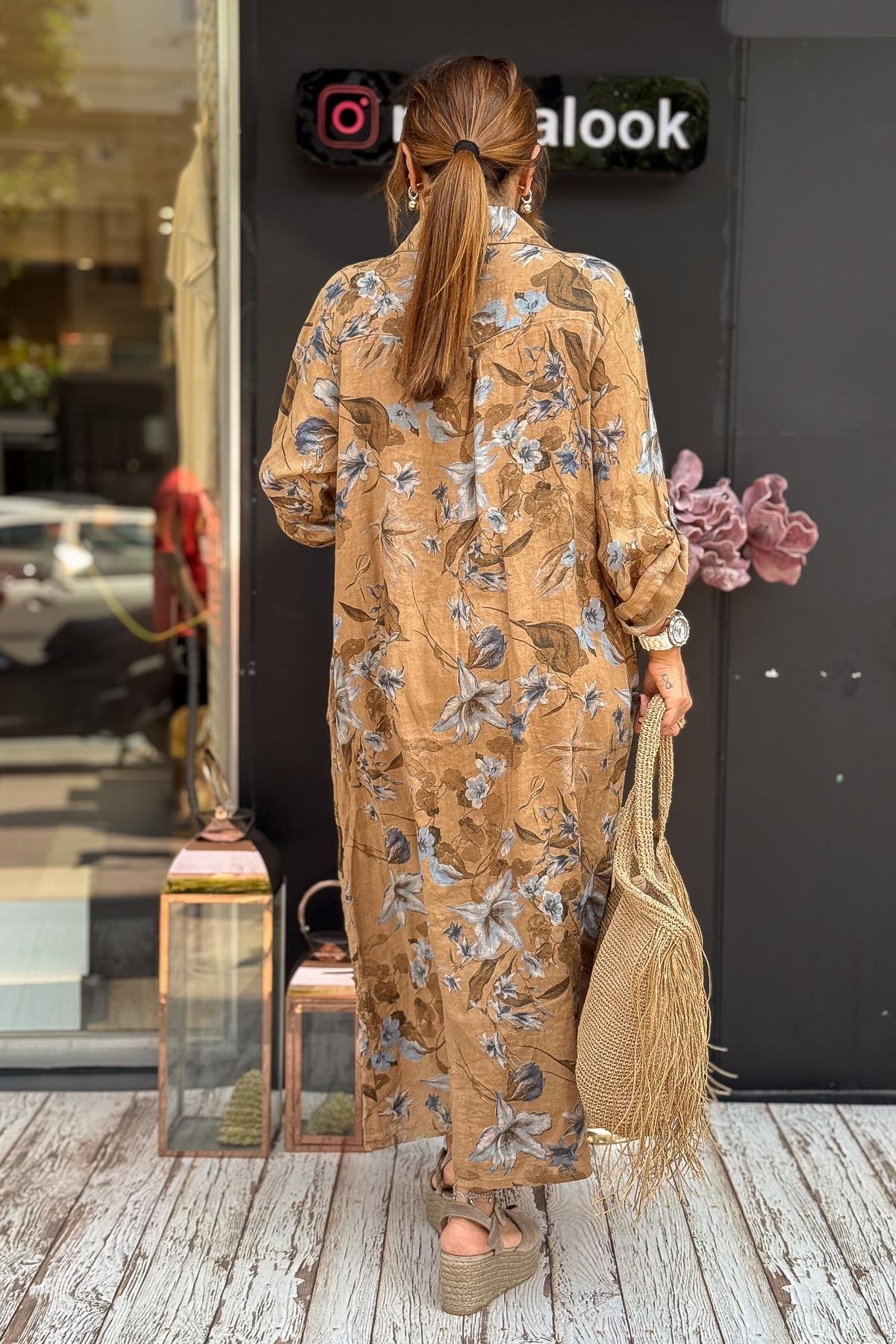 Pul Cepli Çiçek Desenli Boydan Düğmeli Keten Gömlek Elbise Camel RenkELBİSE