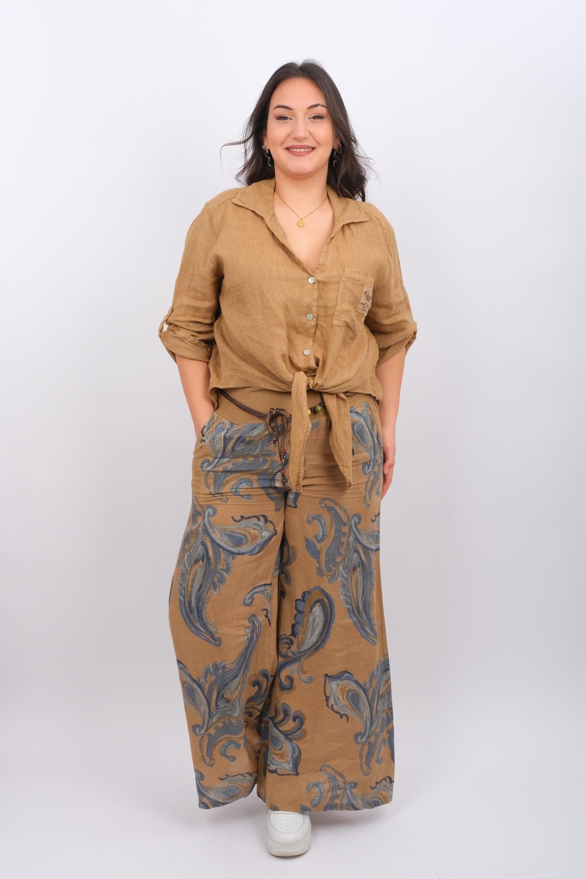 Şal Desenli Bol Paça Keten Pantolon Camel RenkPANTOLON