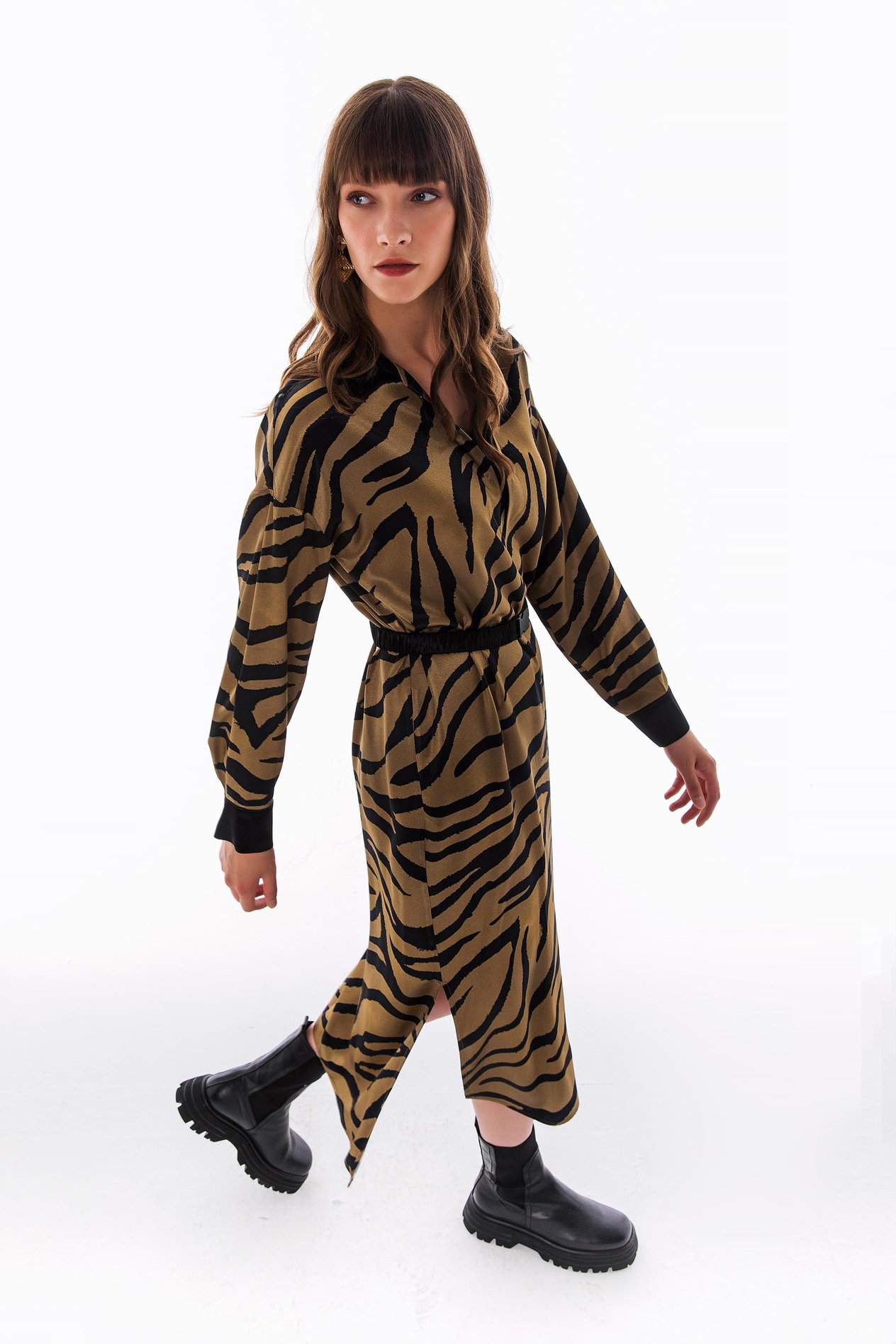 Haki Gömlek Yaka Kemerli Zebra Elbise