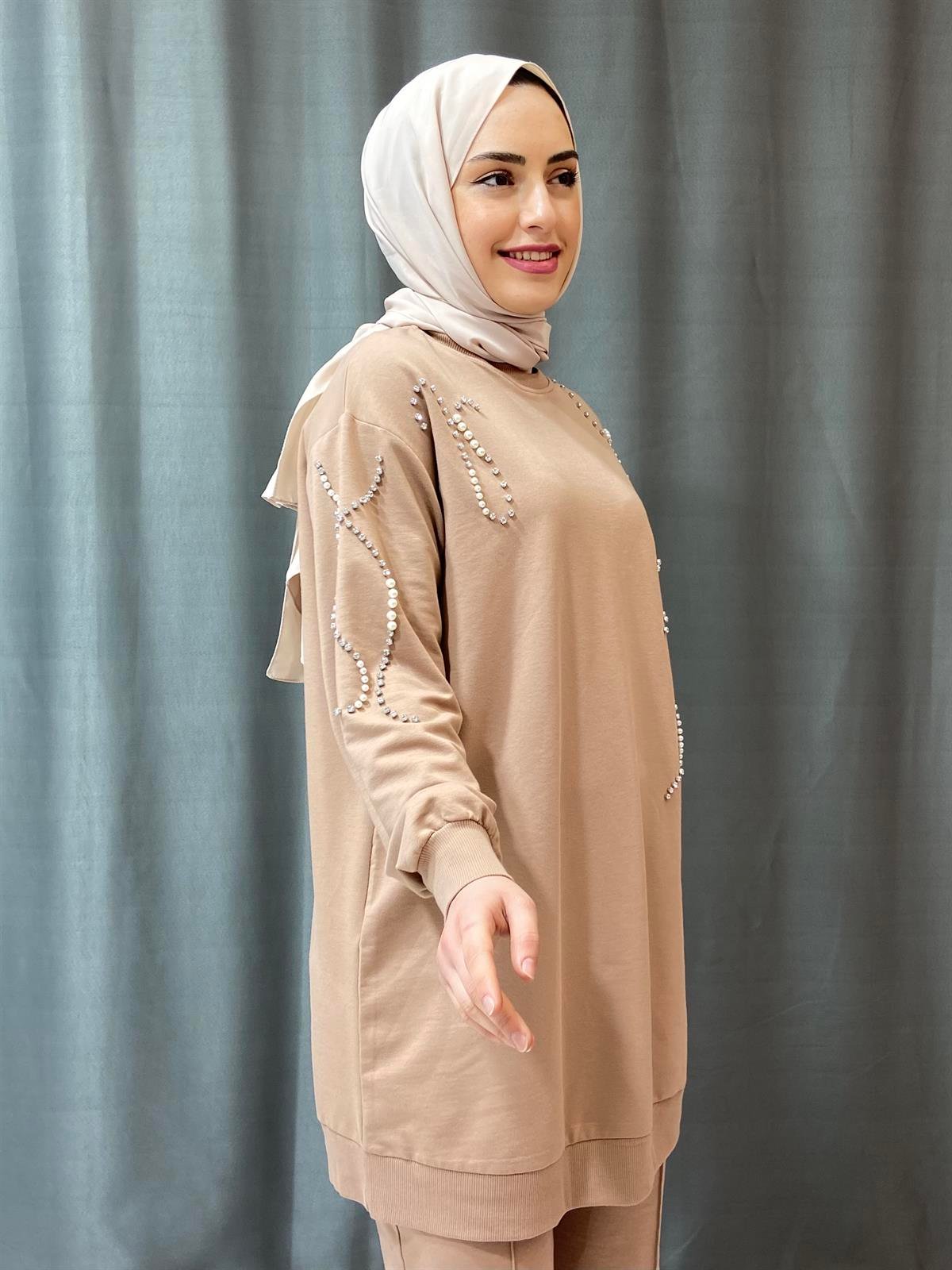 KADIN TESETTÜR TAŞ/İNCİ DETAYLI SWEATSHIRT TAKIM VİZON
