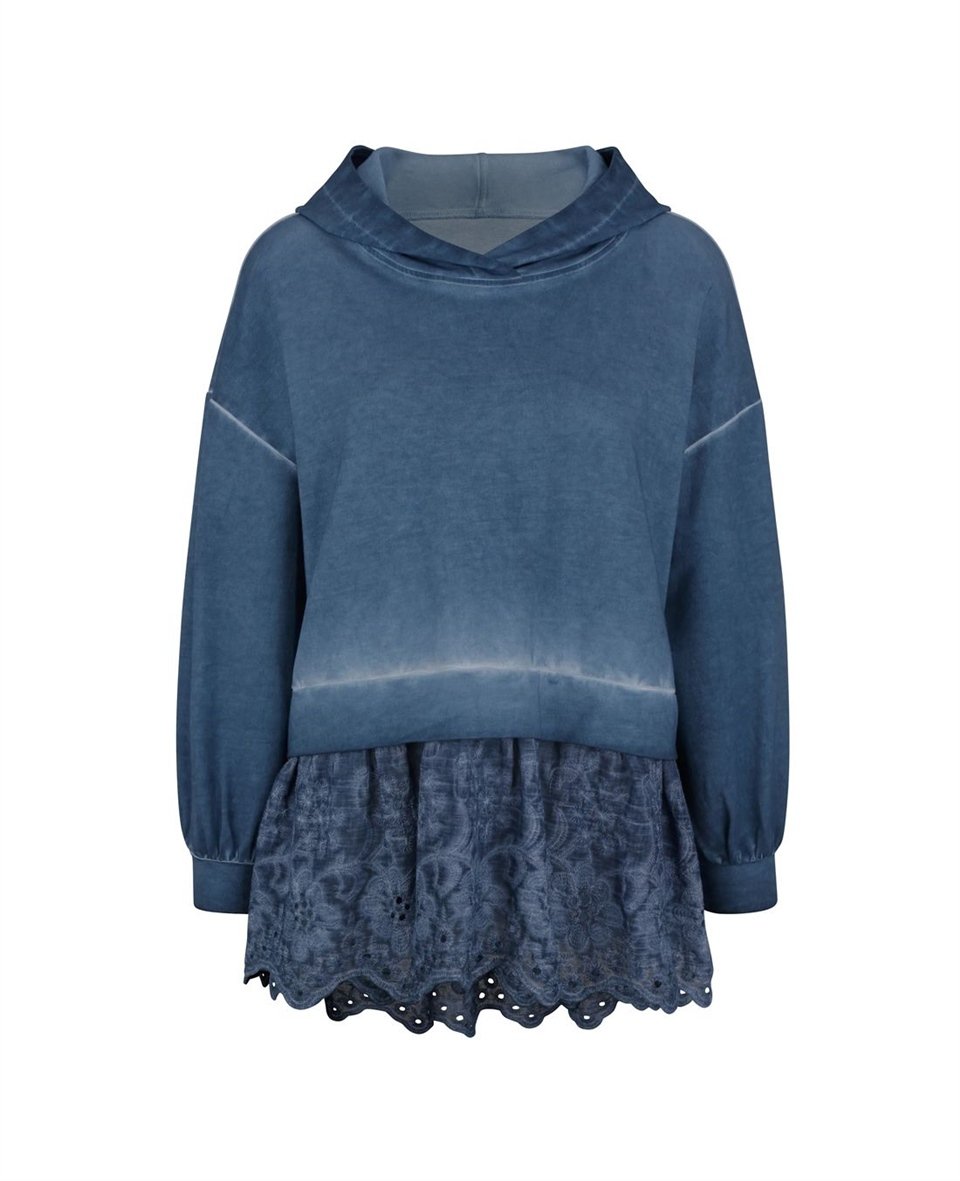 Dantelli Kapşonlu Sweatshirt - Mavi