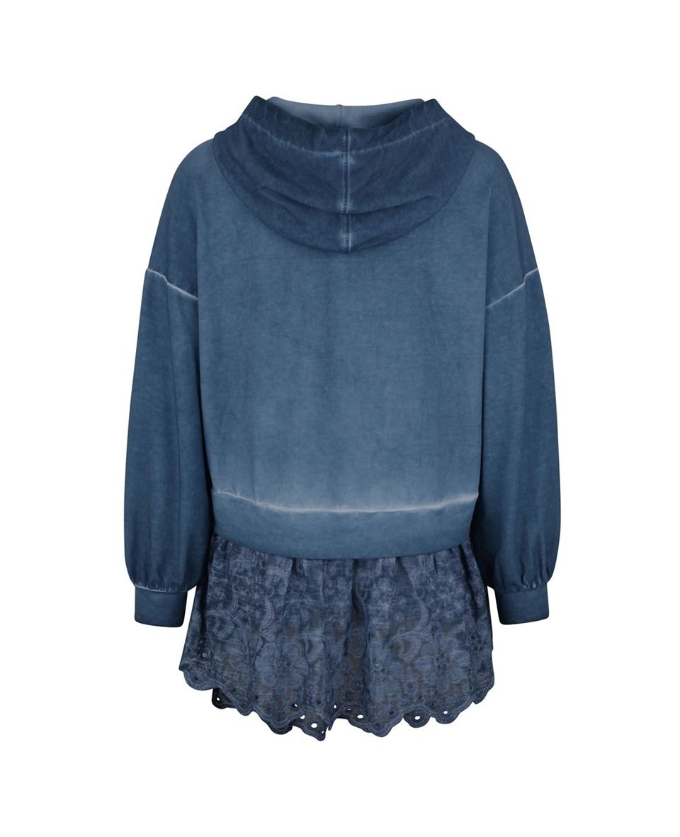 Dantelli Kapşonlu Sweatshirt - Mavi