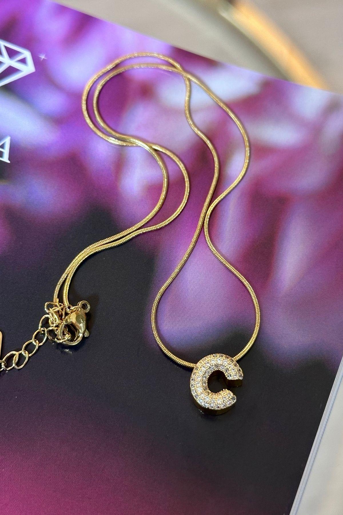 Çelik C Harfli Zirkon Taşlı İtalyan Zincirli Kolye