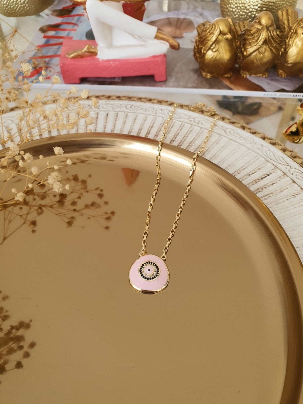 Pembe Renk Nazar Kolye Gold