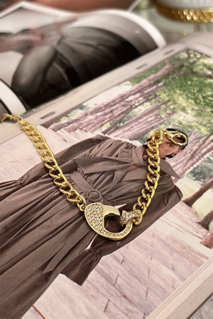 Zirkon Taşlı Klips Figürlü Vintage Model Zincir Bileklik Gold