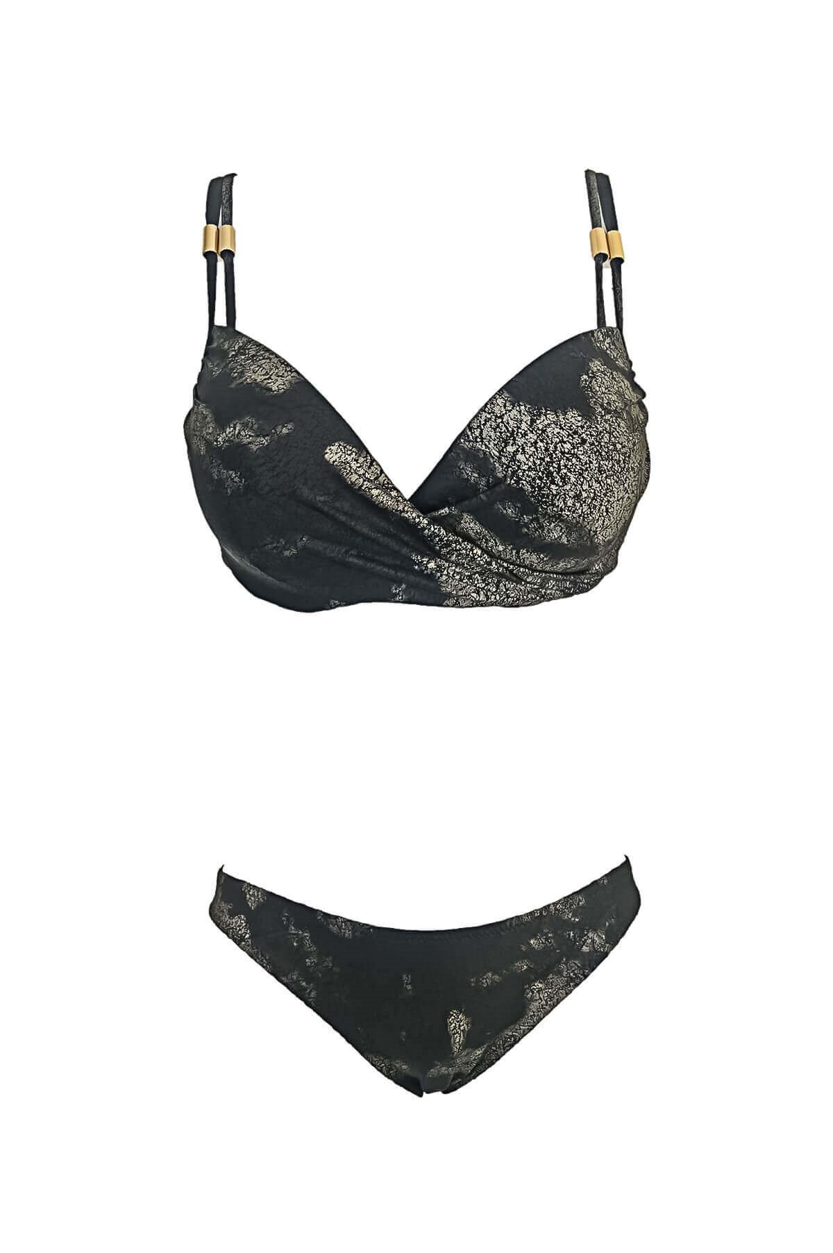 Blackspade Çıkarılabilir Destekli Balenli Push Up Bikini Takımı Altın Varak Baskılı Siyah