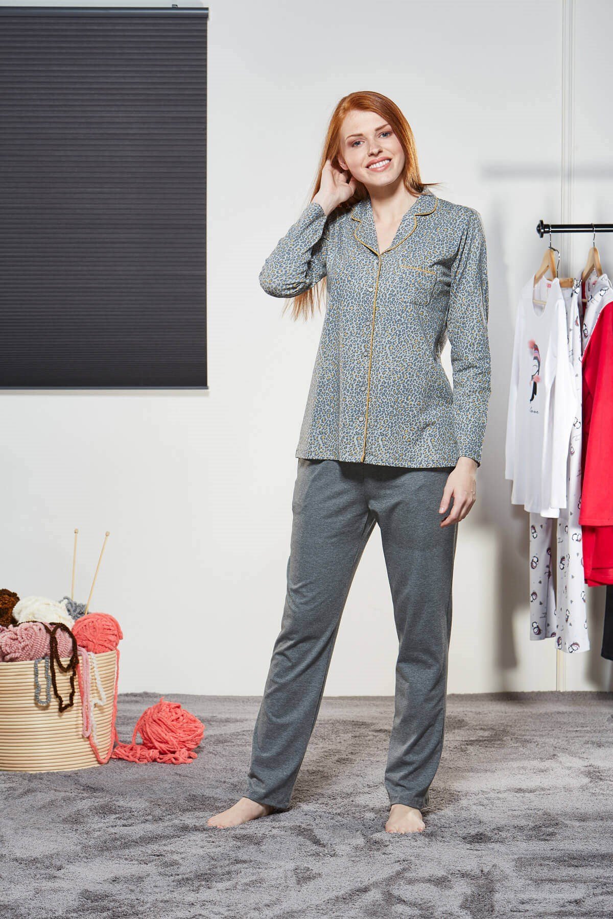 PJS Kadın %95 Pamuk Gri Leopar Düğmeli Pijama Takımı
