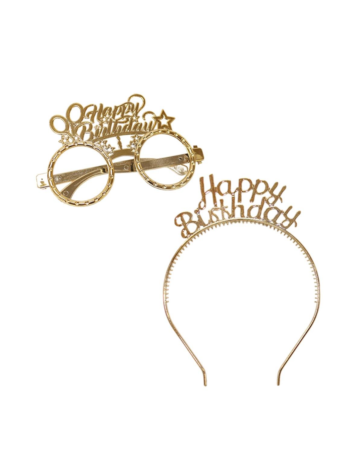 Happy Birthday Taç Gözlük Set Doğum Günü Parti Aksesuarı Gold  