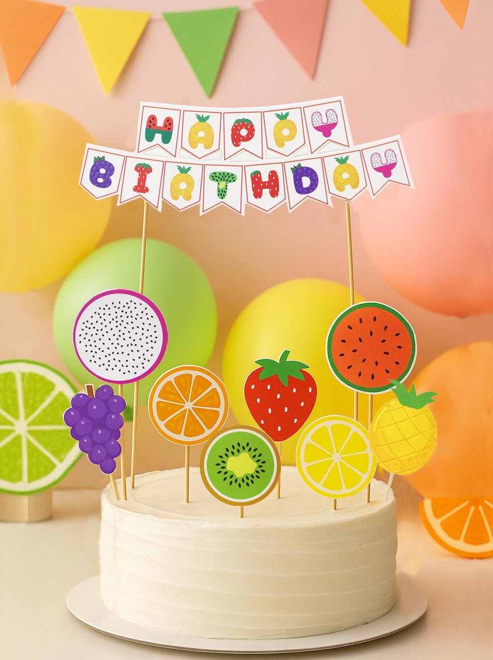 Renkli Meyve Temalı Happy Birthday Kürdan Pasta Süsü 9'lu