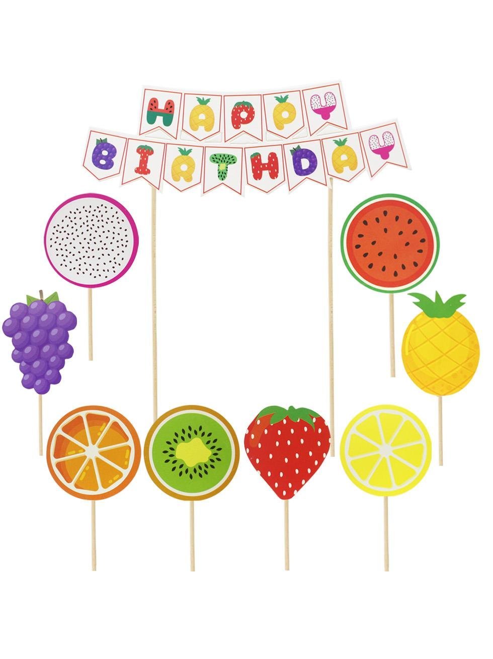 Renkli Meyve Temalı Happy Birthday Kürdan Pasta Süsü 9'lu