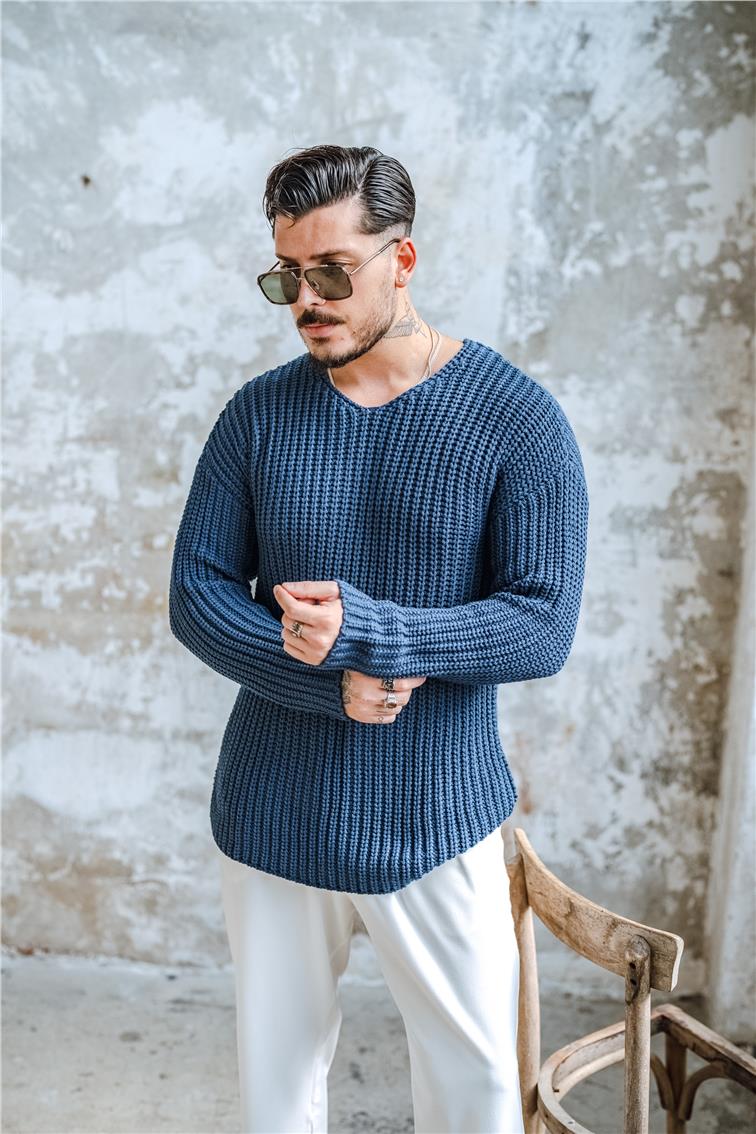 Açık Yaka Geniş Örme Oversize Kazak İndigo