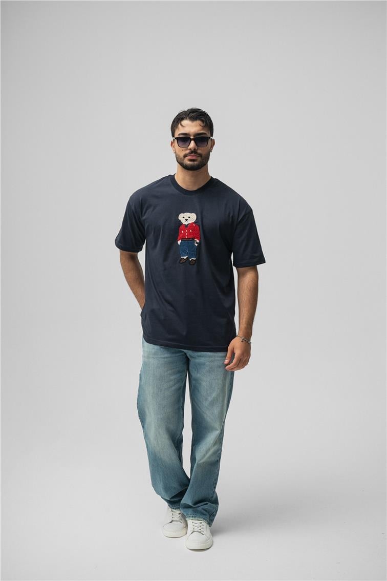 Ayı Baskılı Oversize T-Shirt Lacivert