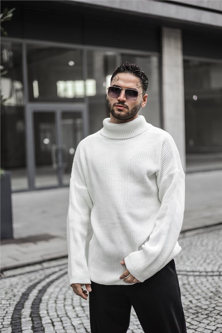 Boğazlı Örme Oversize Kazak Beyaz