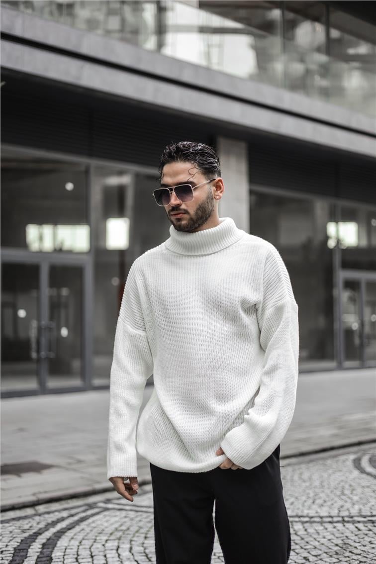 Boğazlı Örme Oversize Kazak Beyaz
