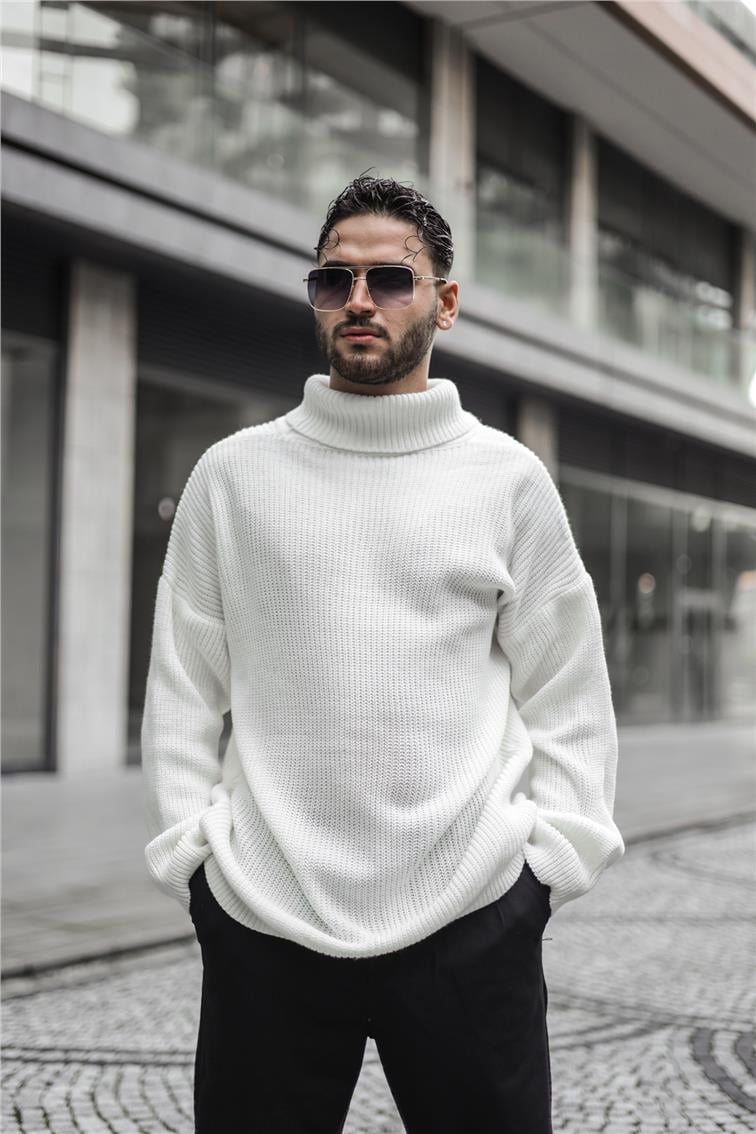 Boğazlı Örme Oversize Kazak Beyaz