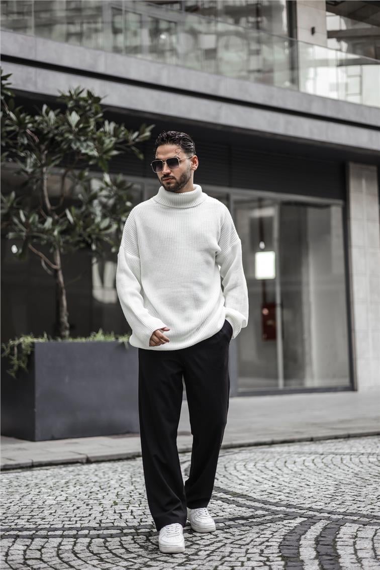 Boğazlı Örme Oversize Kazak Beyaz