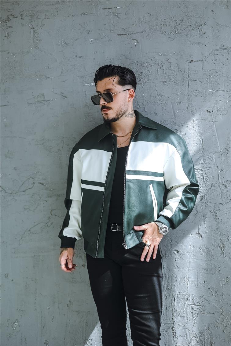 Bomber Renkli Deri Oversize Mont/Ceket Yeşil