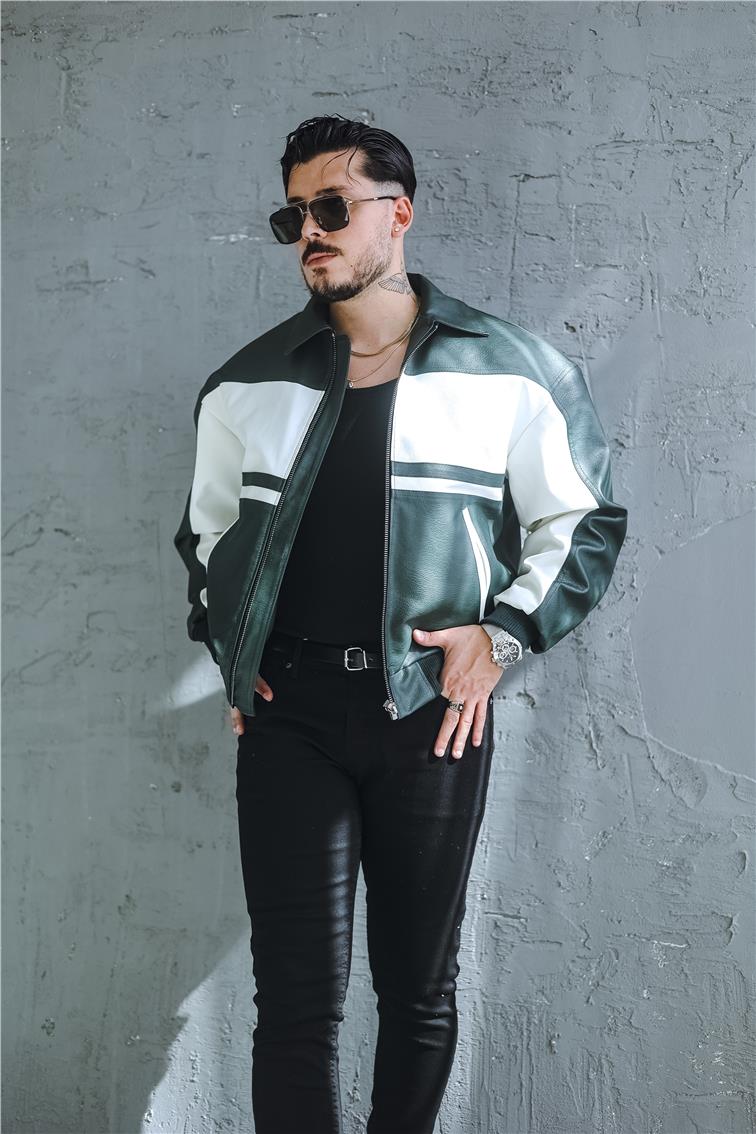 Bomber Renkli Deri Oversize Mont/Ceket Yeşil