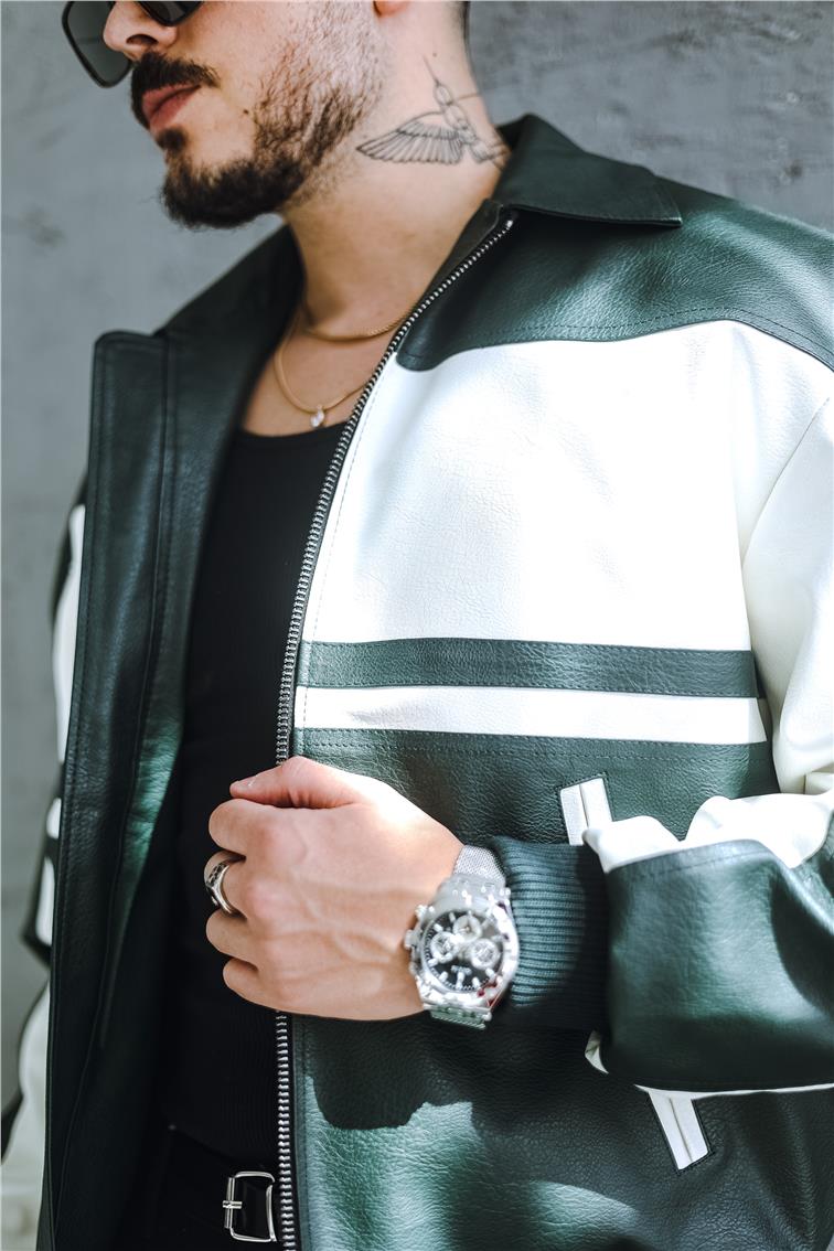 Bomber Renkli Deri Oversize Mont/Ceket Yeşil