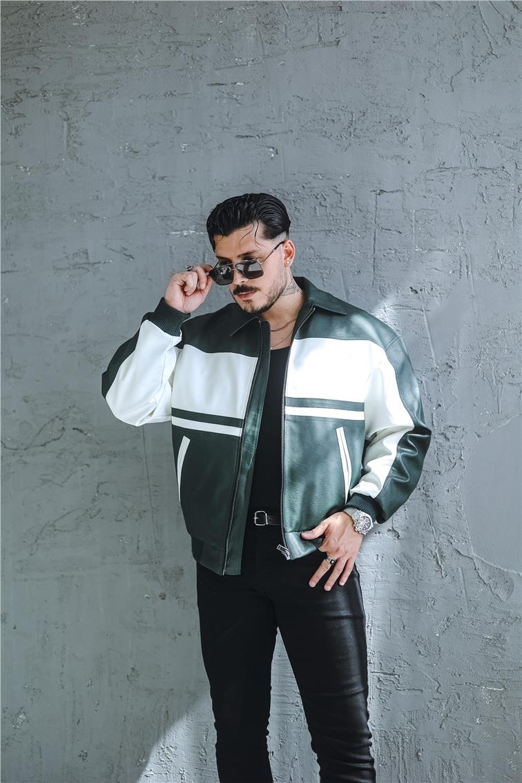 Bomber Renkli Deri Oversize Mont/Ceket Yeşil