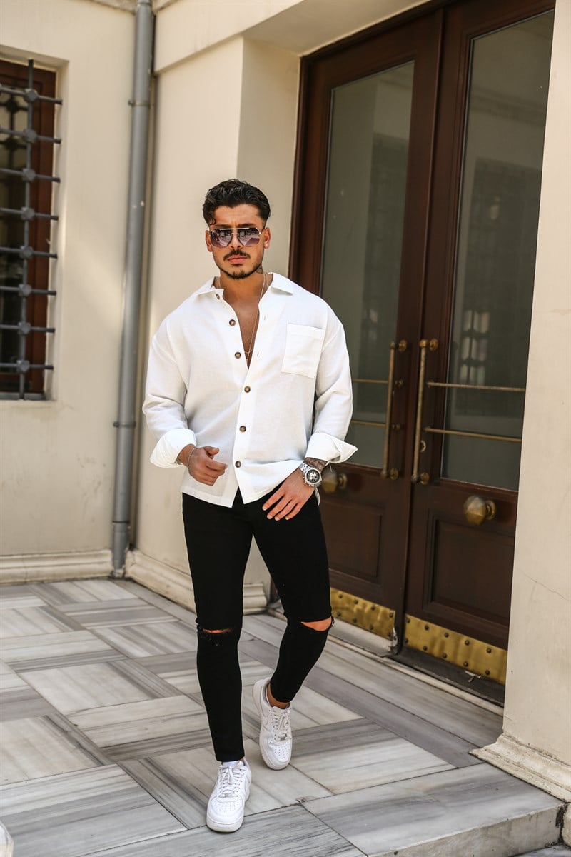 Cep Detaylı Keten Oversize Gömlek