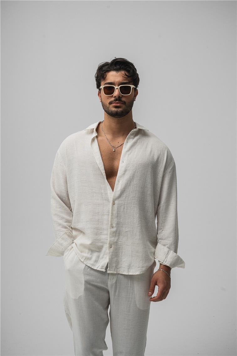 Cepsiz Keten Oversize Gömlek Krem