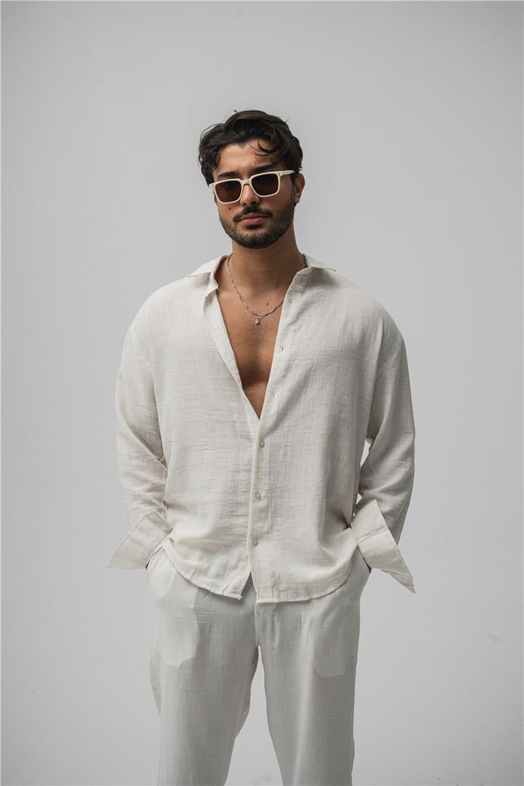 Cepsiz Keten Oversize Gömlek Krem