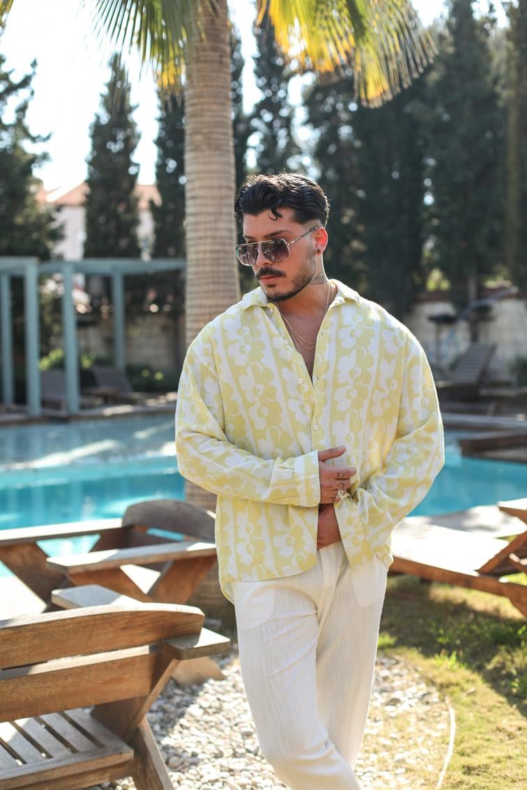 Çiçek Desenli Müslin Oversize Gömlek Sarı