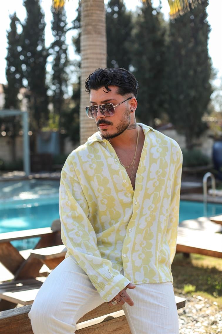 Çiçek Desenli Müslin Oversize Gömlek Sarı
