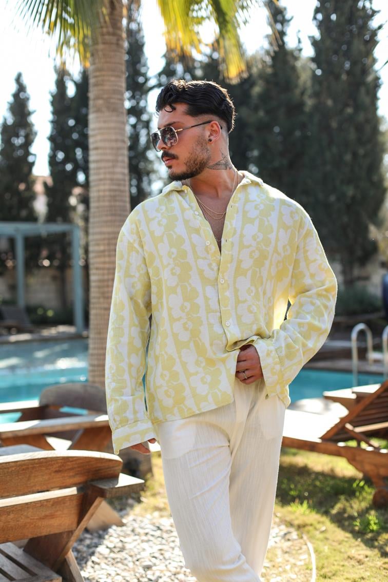 Çiçek Desenli Müslin Oversize Gömlek Sarı