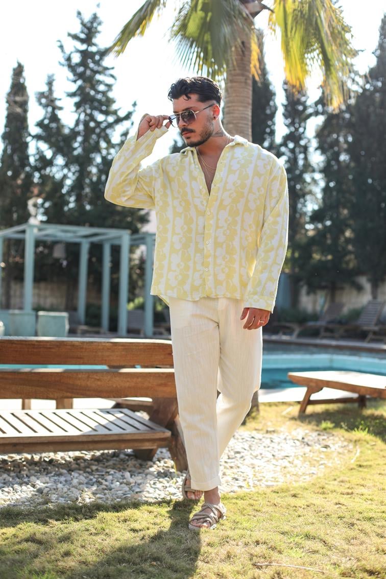 Çiçek Desenli Müslin Oversize Gömlek Sarı