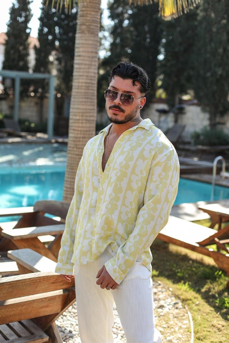 Çiçek Desenli Müslin Oversize Gömlek Sarı
